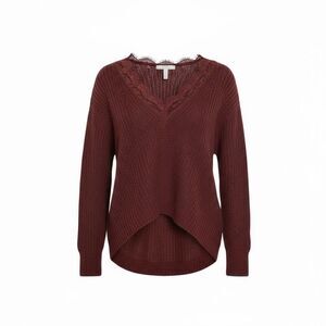 Thinkable Eyelash Lace Double V-Neck Ribbed‎ Knit Pullover Sweater Maroon Sz S/M